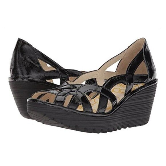 Fly London Yadi Sandals Black Patent Leather Strappy Peep Toe Wedge Heel 9-9.5 - Picture 1 of 13